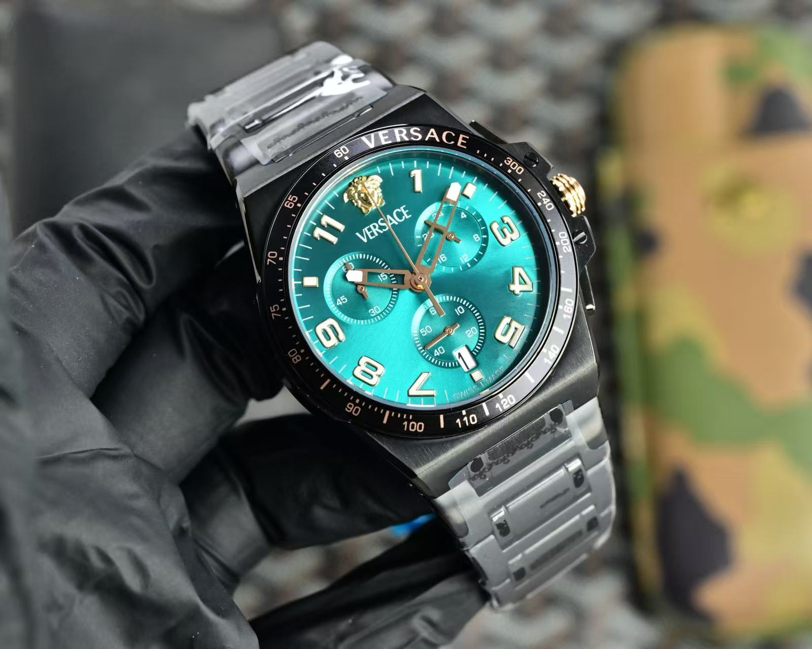 Men Chronograph Wrist Watch, Black Steel Case, Green Dial, Gold-Tone Details, Luxury Style