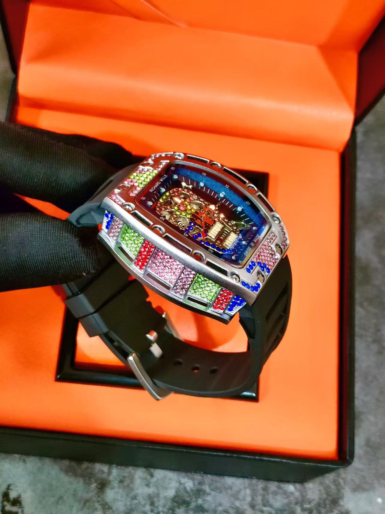 Men Tonneau Skeleton Wrist Watch, Colorful Skull Dial, Rhinestone Inlay, Red Silicone Rubber Strap