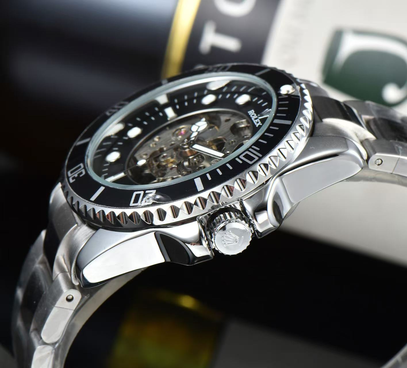 Men Skeleton Diver Sport Wrist Watch, Black Ceramic Bezel, Stainless Steel Bracelet, Hollow Mechanical Dial