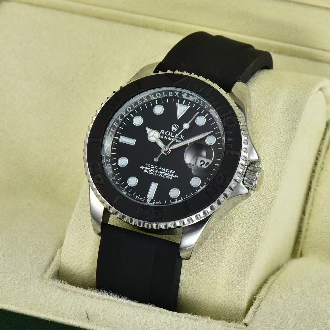 Men Diver Sport Wrist Watch, Black Ceramic Bezel, Black Rubber Strap, Date Display, Silver Steel Case