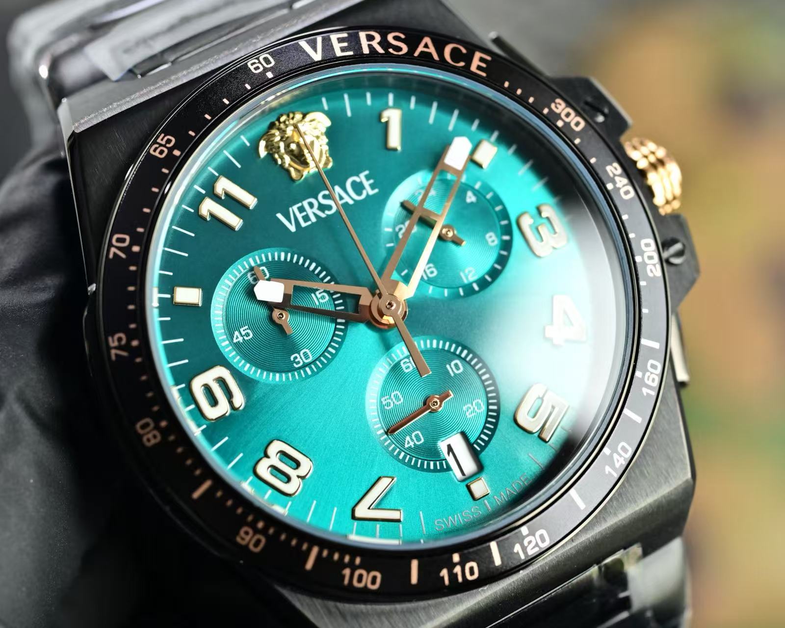 Men Chronograph Wrist Watch, Black Steel Case, Green Dial, Gold-Tone Details, Luxury Style