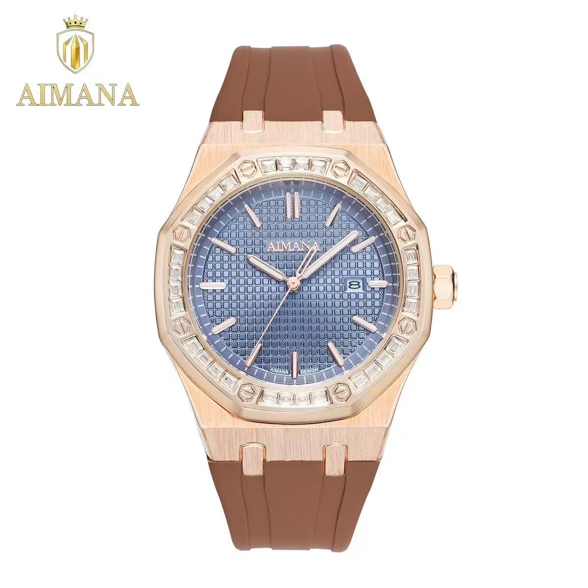 Men Octagon Diamond‑encrusted Quartz Watch, Silicone Strap