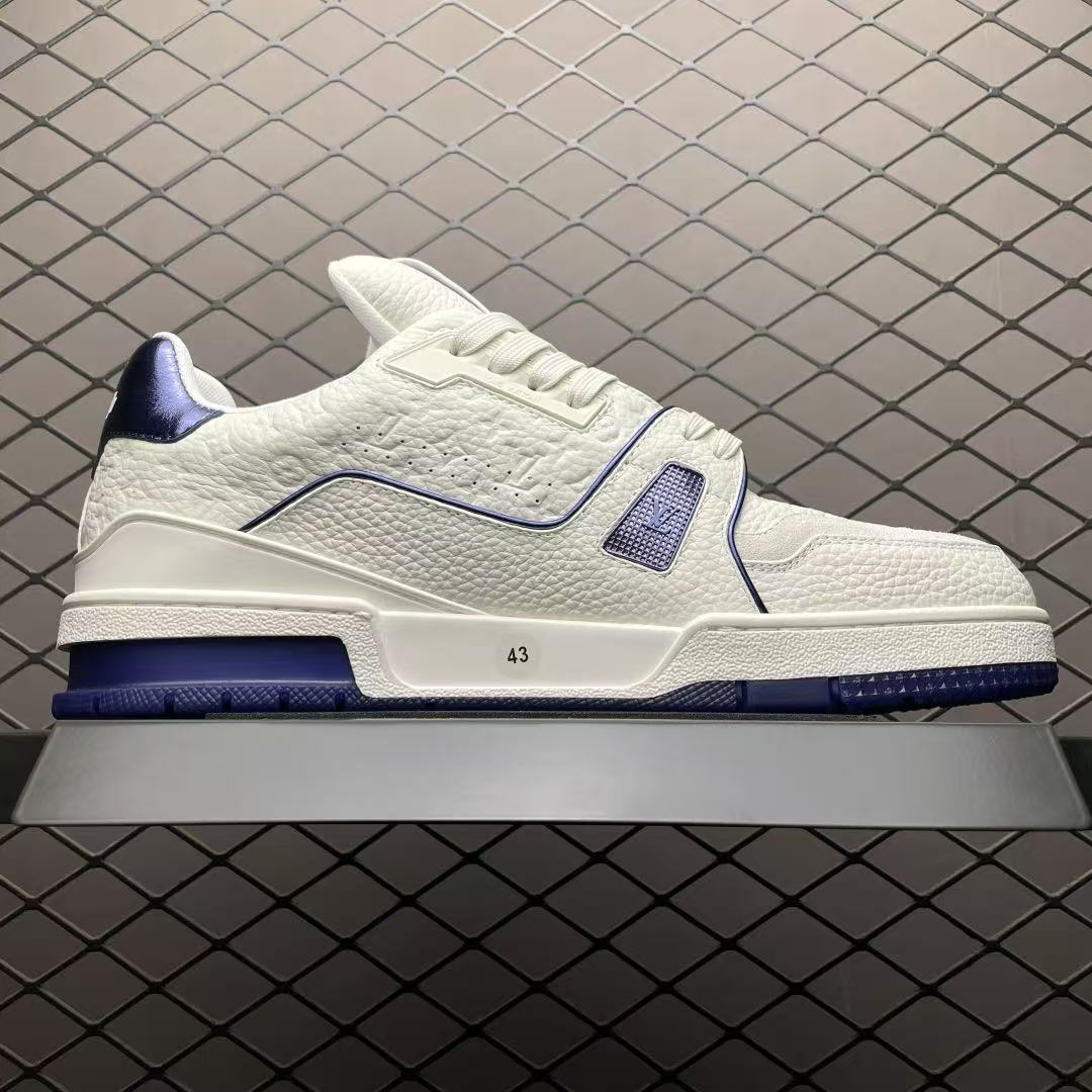 Men Retro Casual Sneakers, Grain Leather Upper, White‑Dark‑Blue Colorway, Thick Cushioned Sole Street Shoes