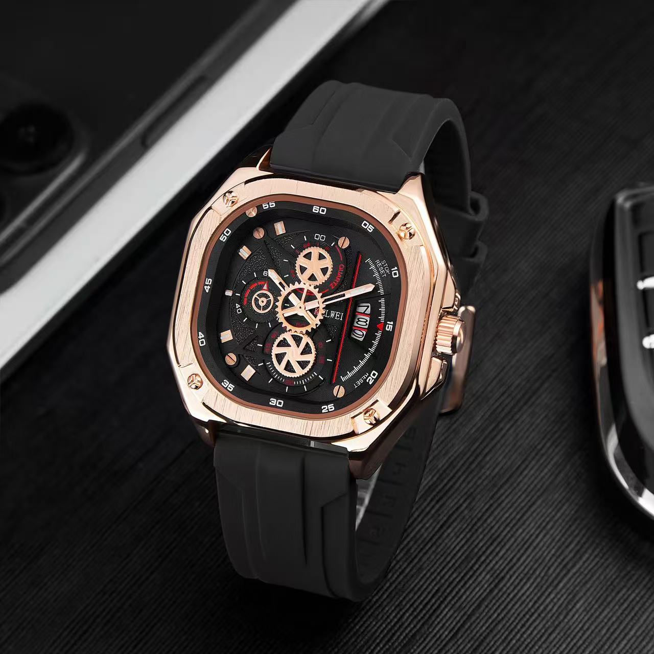 Luxury Square Men Quartz Watch Silicone Strap Business Wrist Watch