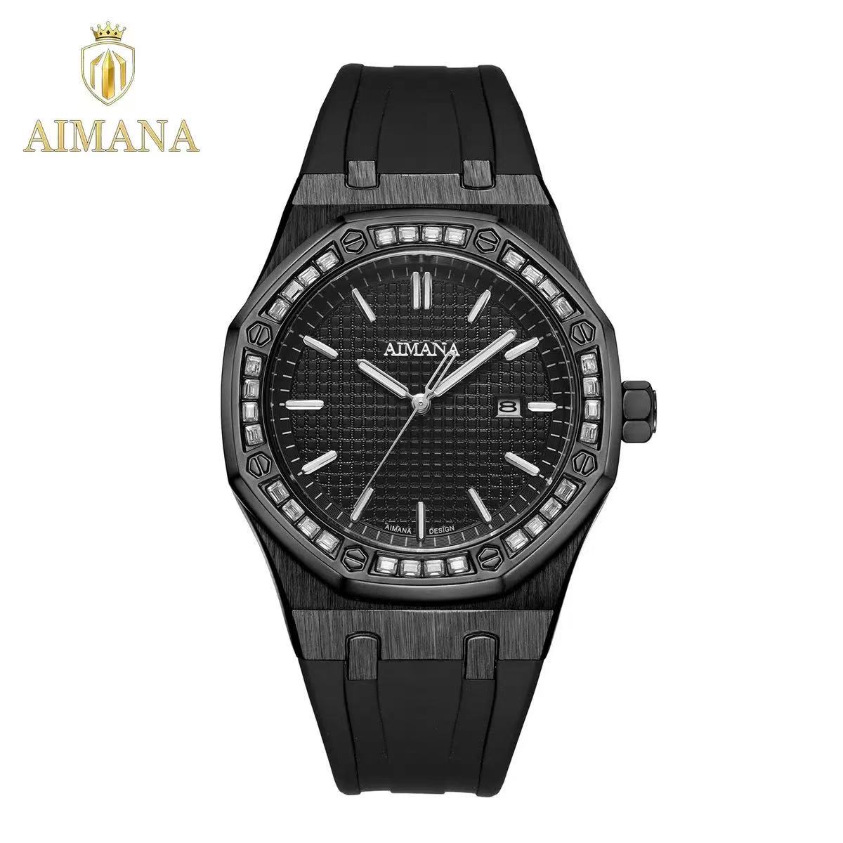 Men Octagon Diamond‑encrusted Quartz Watch, Silicone Strap
