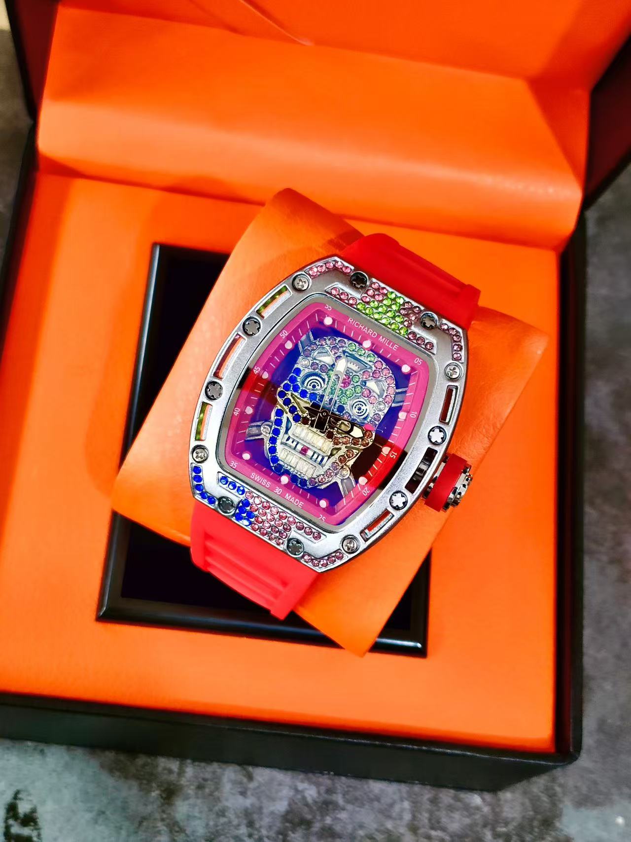 Men Tonneau Skeleton Wrist Watch, Colorful Skull Dial, Rhinestone Inlay, Red Silicone Rubber Strap