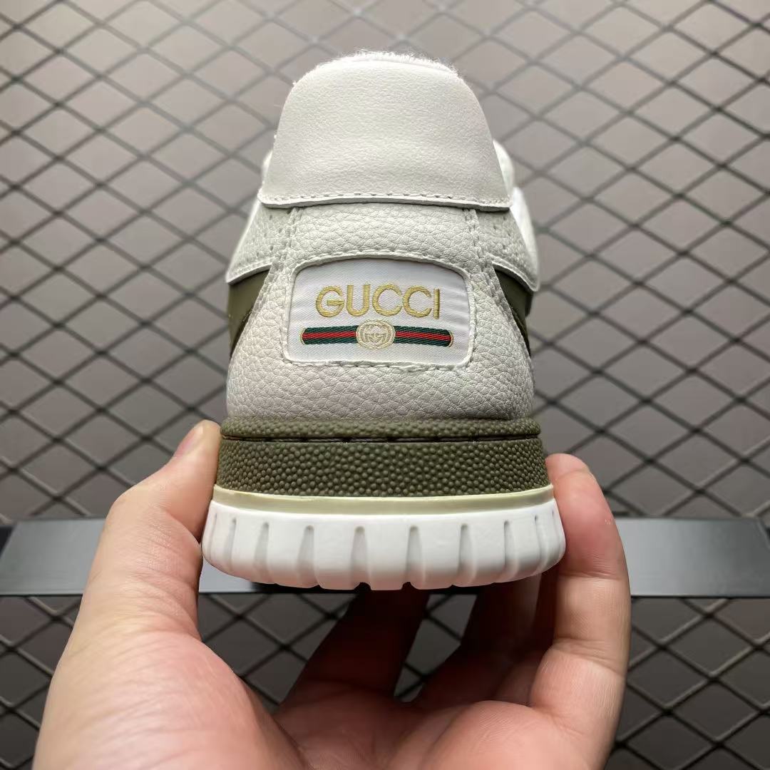 Men Retro‑Style Low‑Top Casual Sneakers, Printed Leather Upper, White‑Olive Green Two‑Tone, Thick Rubber Sole Street Shoes