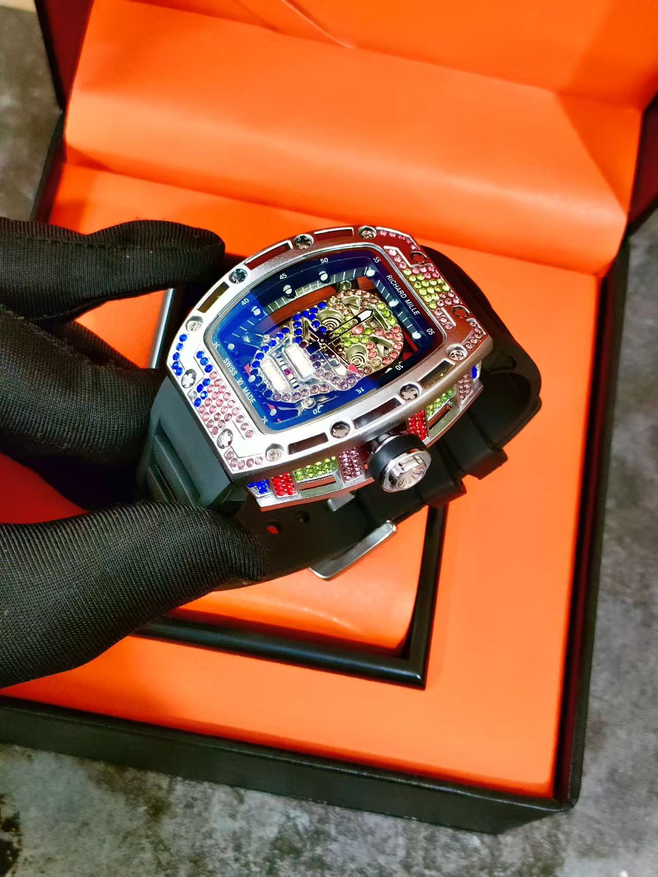 Men Tonneau Skeleton Wrist Watch, Colorful Skull Dial, Rhinestone Inlay, Red Silicone Rubber Strap