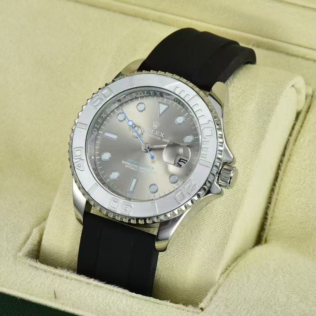 Men Diver Sport Wrist Watch, Black Ceramic Bezel, Black Rubber Strap, Date Display, Silver Steel Case
