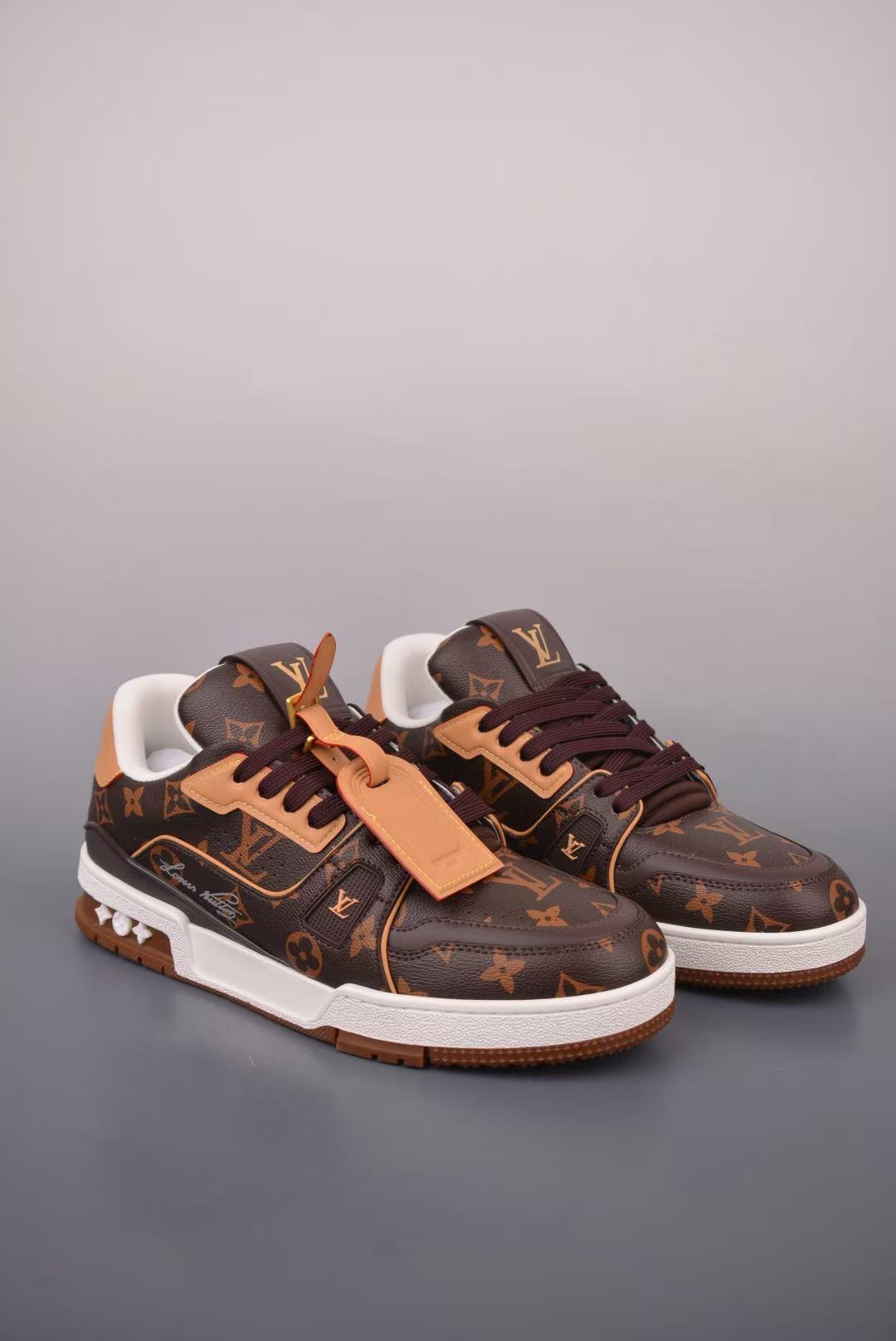 Men Retro Printed Casual Sneakers, Grain Leather Upper, Brown‑Tan Two‑Tone, Thick Cushioned Sole Street Shoes