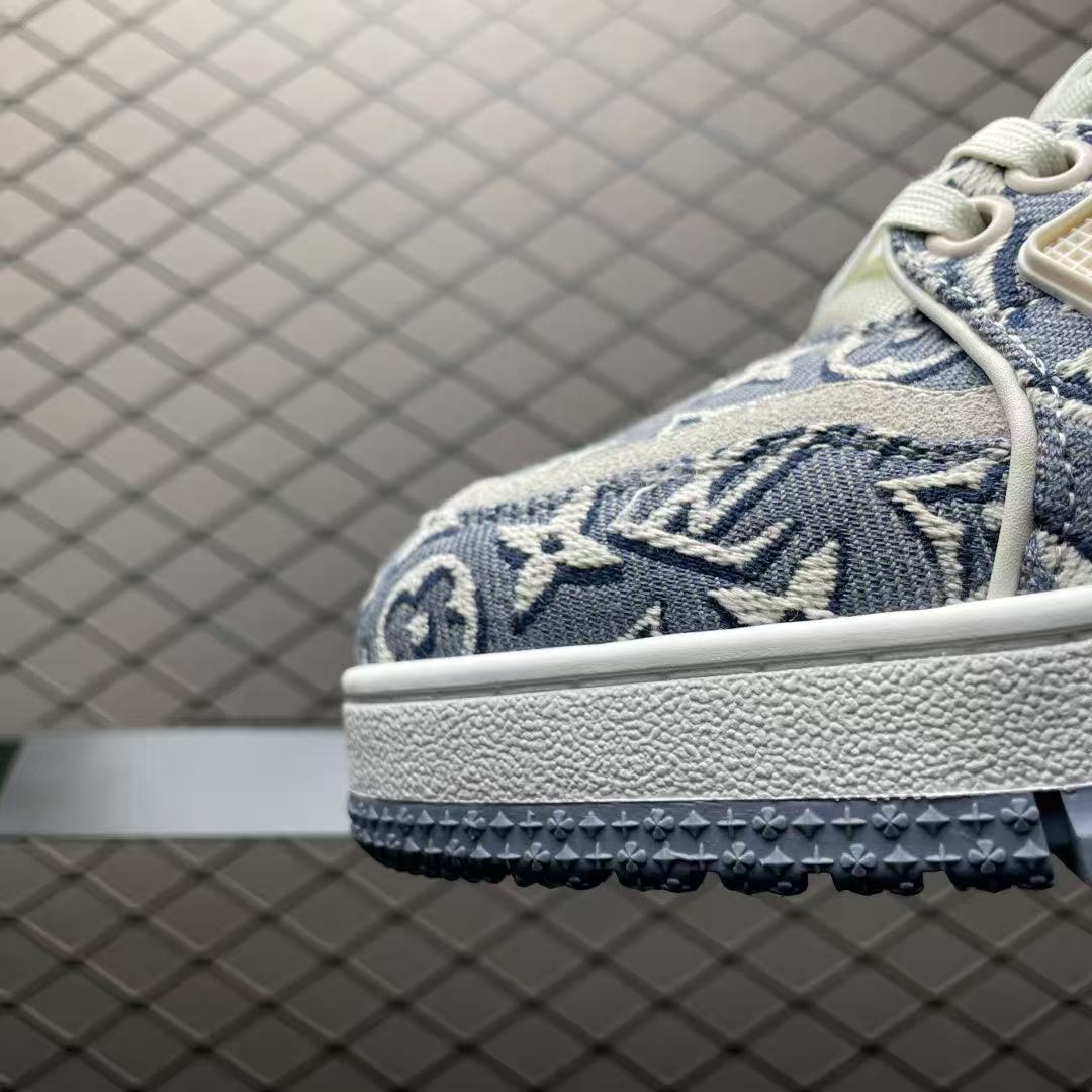 Men Retro Jacquard Casual Sneakers, Denim Fabric Upper, Thick Cushioned Sole, Blue‑White Street Shoes