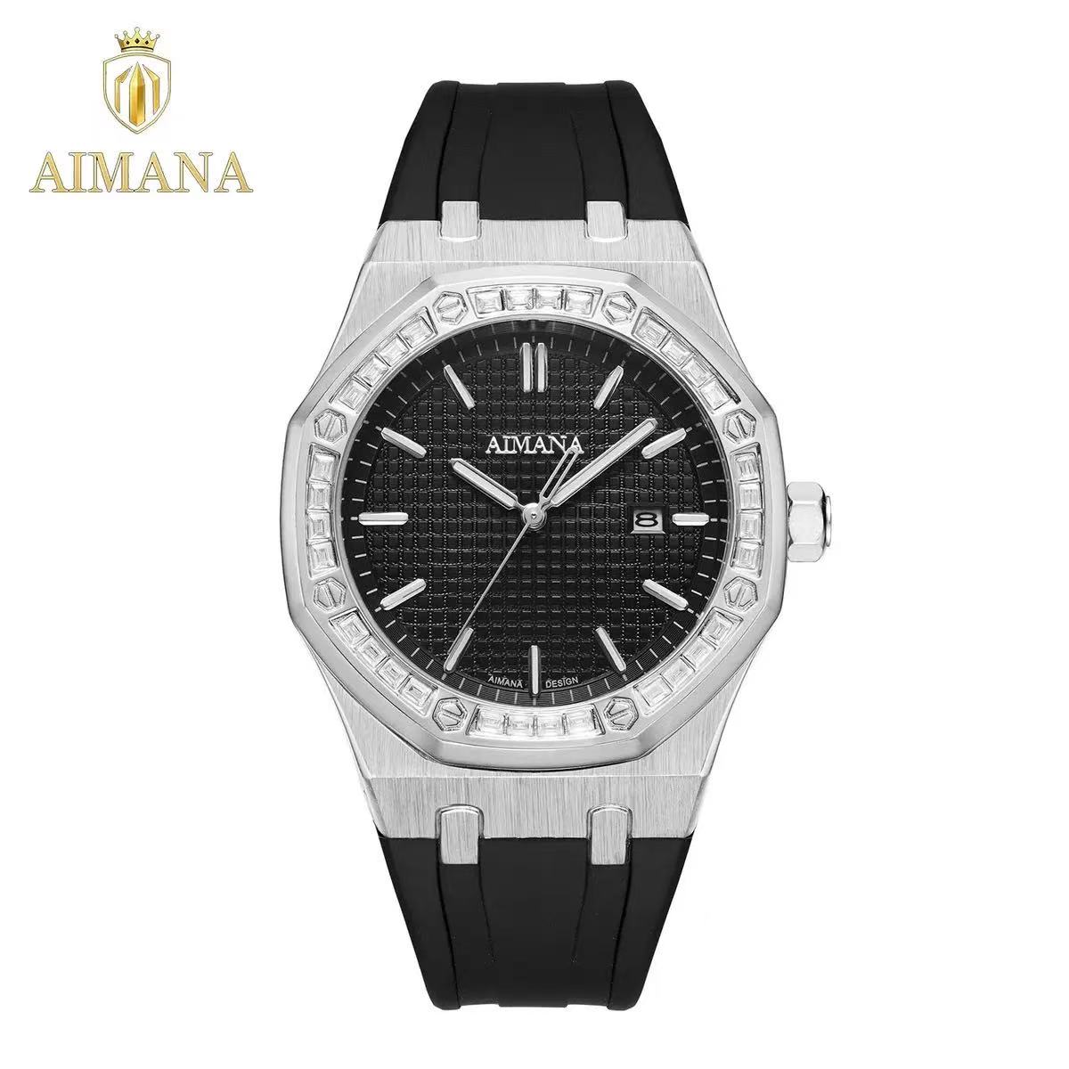 Men Octagon Diamond‑encrusted Quartz Watch, Silicone Strap