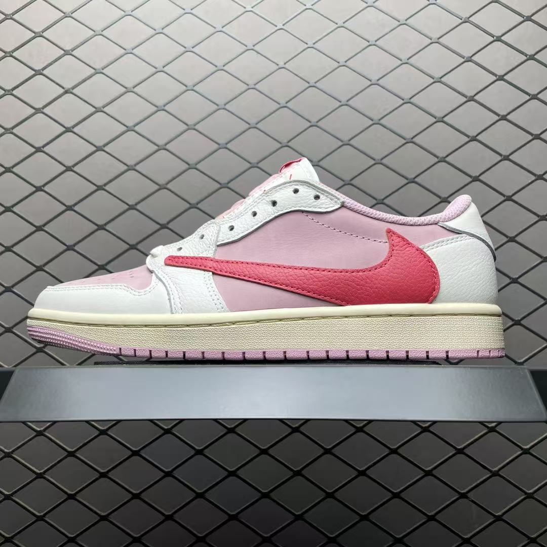 Men Low‑Top Retro Casual Sneakers, White‑Dusty Pink Leather Upper, Vintage Cream Midsole Pink Outsole Street Fashion Shoes