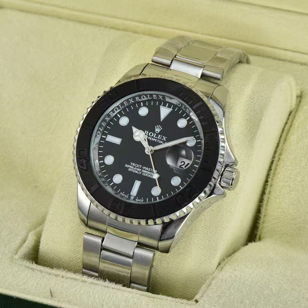 Men Diver Sport Wrist Watch, Black Ceramic Bezel, Black Rubber Strap, Date Display, Silver Steel Case