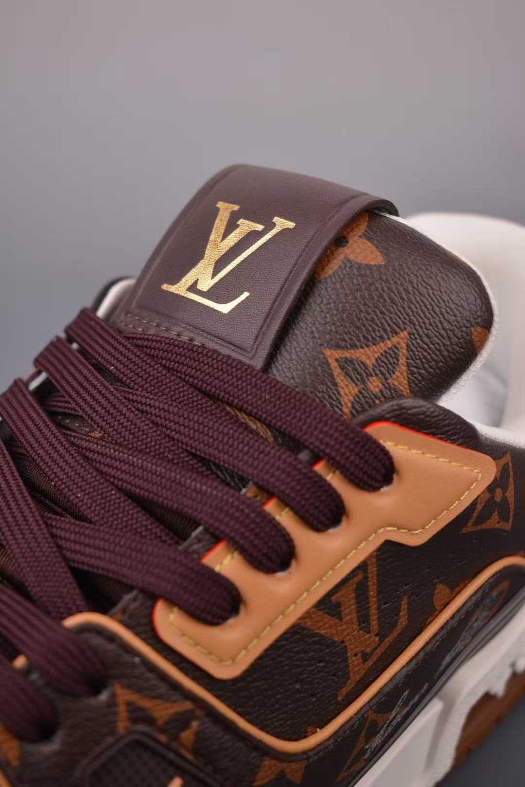 Men Retro Printed Casual Sneakers, Grain Leather Upper, Brown‑Tan Two‑Tone, Thick Cushioned Sole Street Shoes