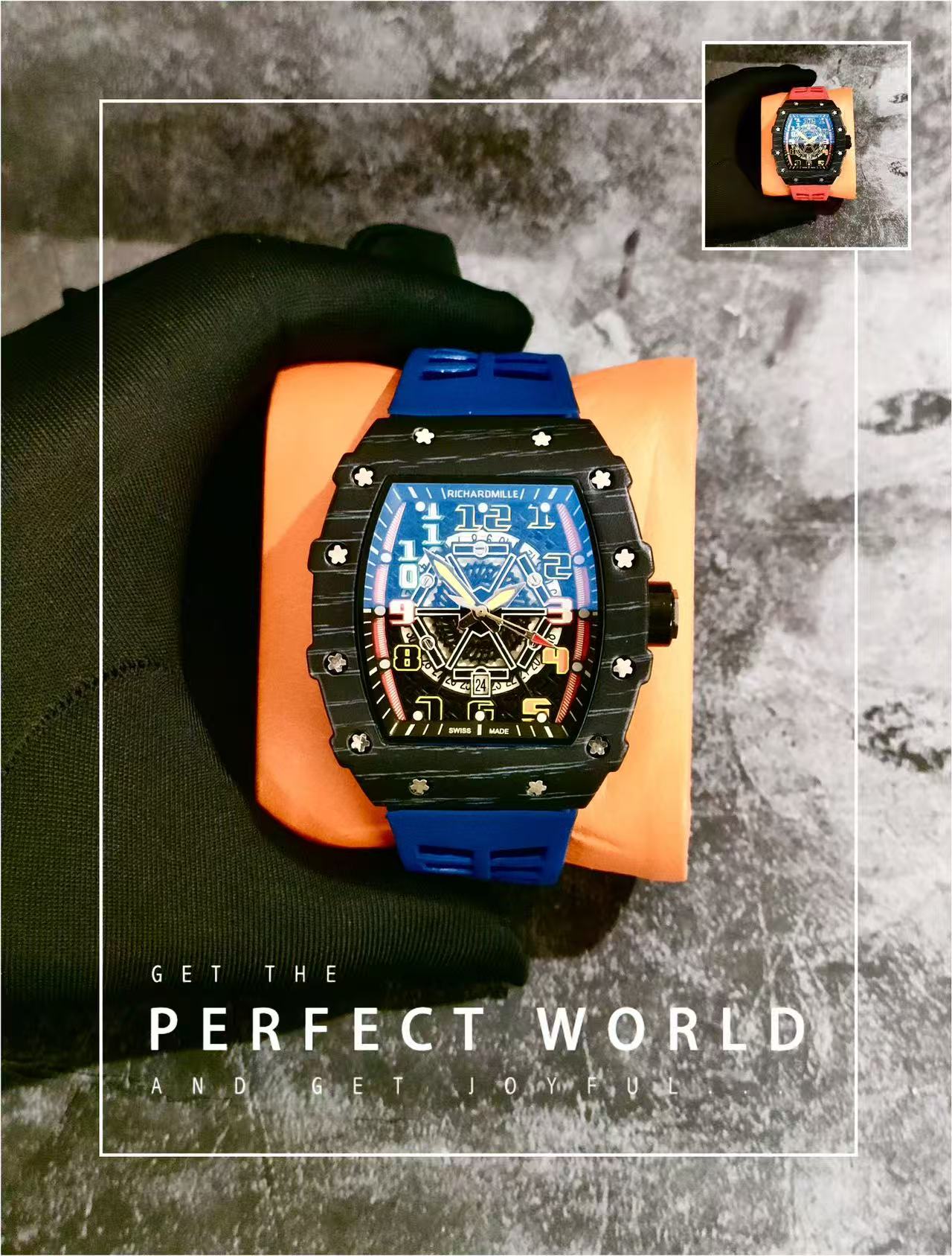 Men Tonneau Skeleton Sport Wrist Watch, Carbon Fiber Texture Case, Color Hollow Dial, Black Rubber Strap
