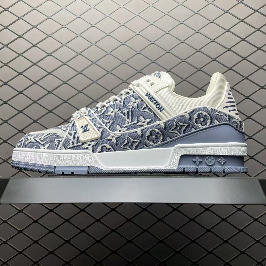 Men Retro Jacquard Casual Sneakers, Denim Fabric Upper, Thick Cushioned Sole, Blue‑White Street Shoes