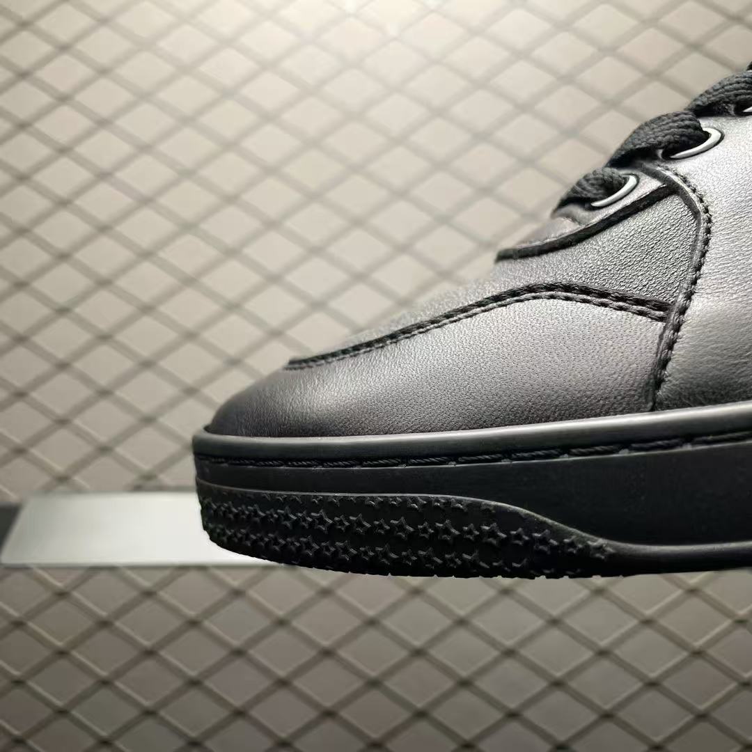 Men Low‑top Casual Sneakers, Smooth Leather Upper, Black Tone, Color‑Block Webbing Detail, Street Fashion Shoes