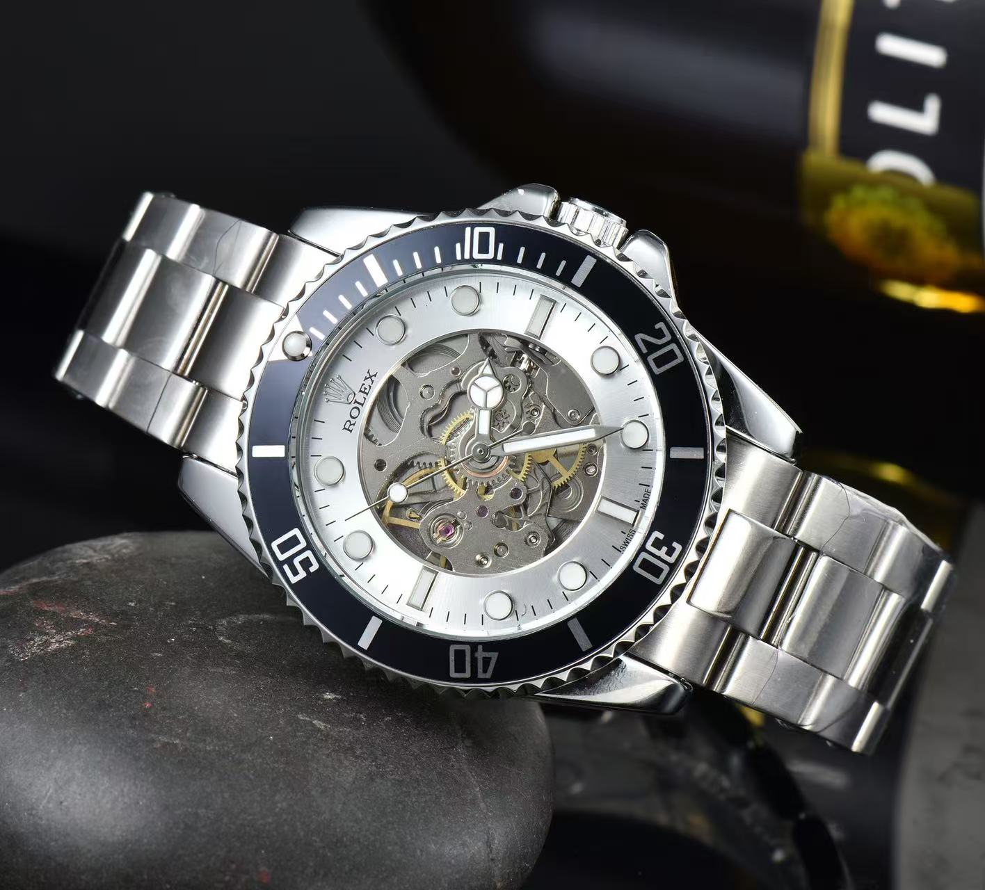 Men Skeleton Diver Sport Wrist Watch, Black Ceramic Bezel, Stainless Steel Bracelet, Hollow Mechanical Dial