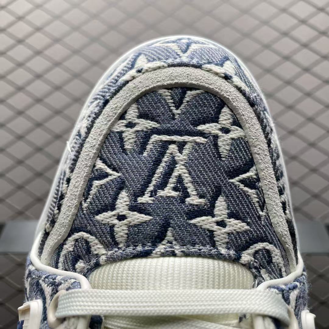 Men Retro Jacquard Casual Sneakers, Denim Fabric Upper, Thick Cushioned Sole, Blue‑White Street Shoes