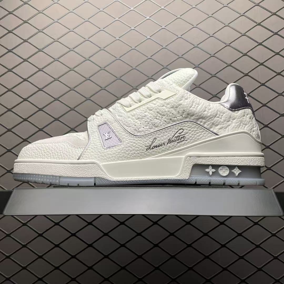 Men Retro Casual Sneakers, Grain Leather Upper, Thick Sole, White‑Grey Colorway, Street Fashion Shoes
