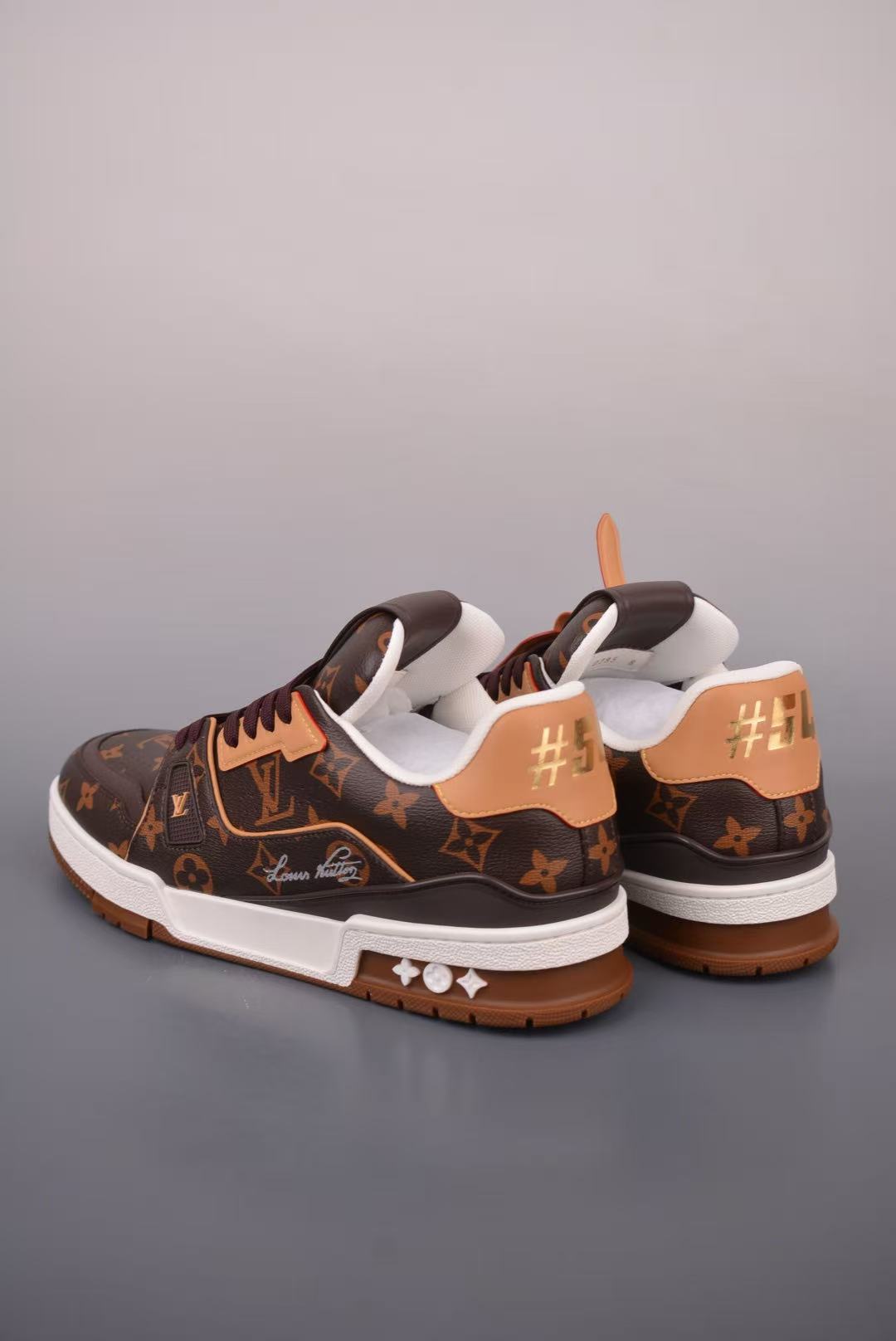 Men Retro Printed Casual Sneakers, Grain Leather Upper, Brown‑Tan Two‑Tone, Thick Cushioned Sole Street Shoes