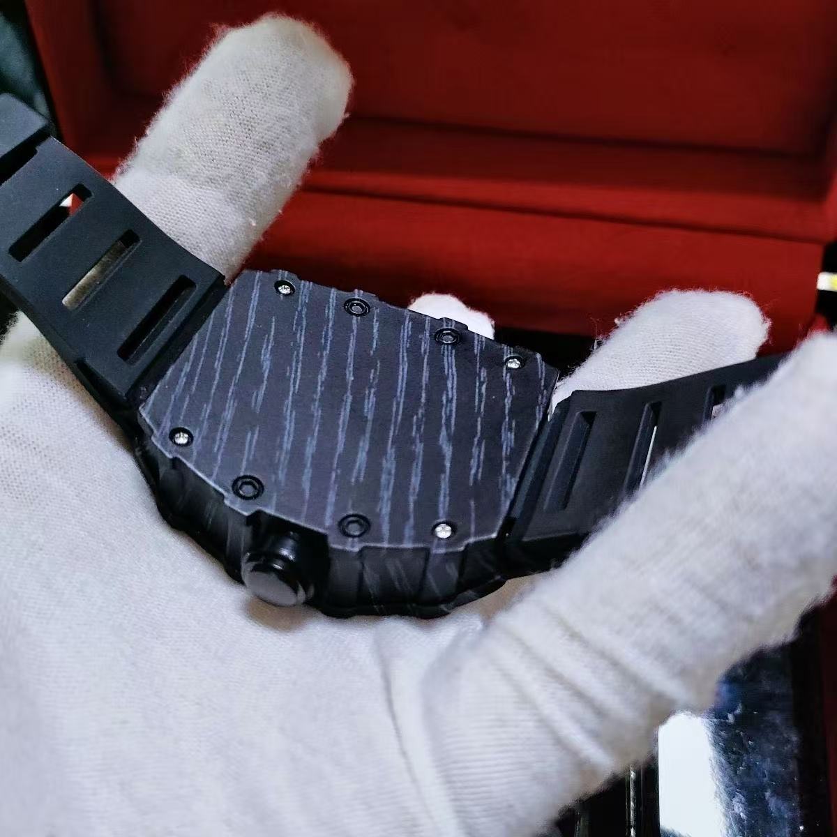 Men Tonneau Skeleton Sport Wrist Watch, Carbon Fiber Texture Case, Color Hollow Dial, Black Rubber Strap