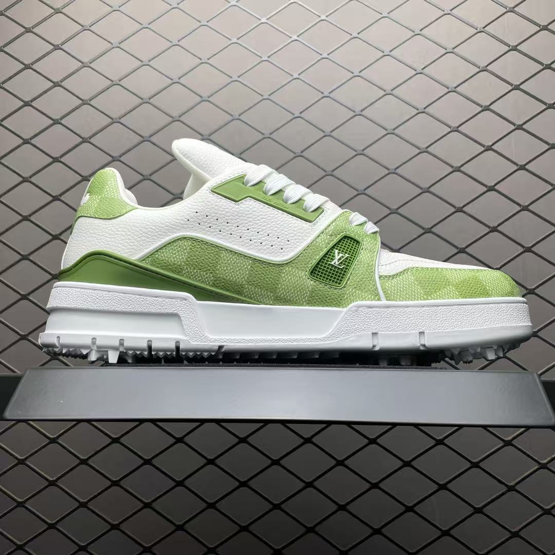 Men Retro Two‑Tone Casual Sneakers, Grain Leather Upper, White‑Green Colorway, Thick Cushioned Sole Street Shoes