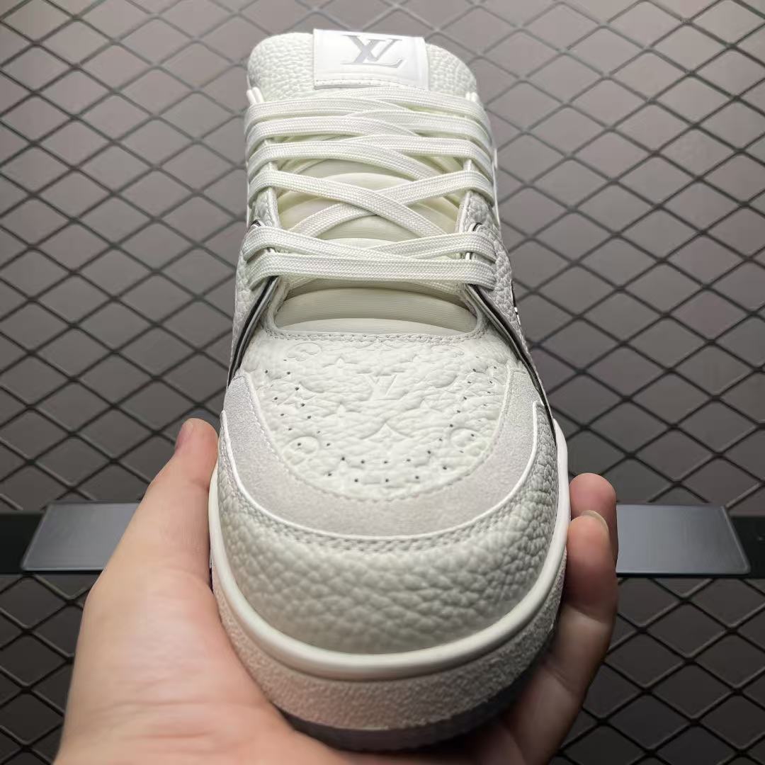 Men Retro Casual Sneakers, Grain Leather Upper, Thick Sole, White‑Grey Colorway, Street Fashion Shoes