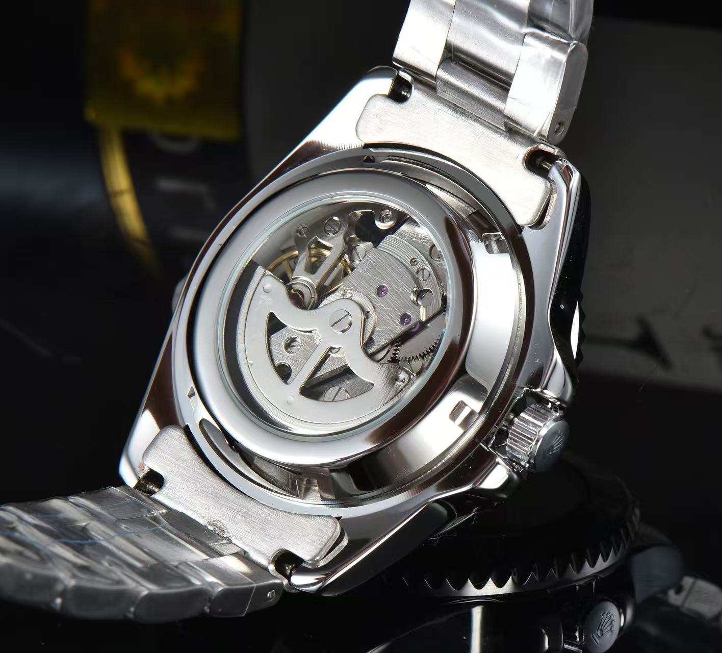 Men Skeleton Diver Sport Wrist Watch, Black Ceramic Bezel, Stainless Steel Bracelet, Hollow Mechanical Dial