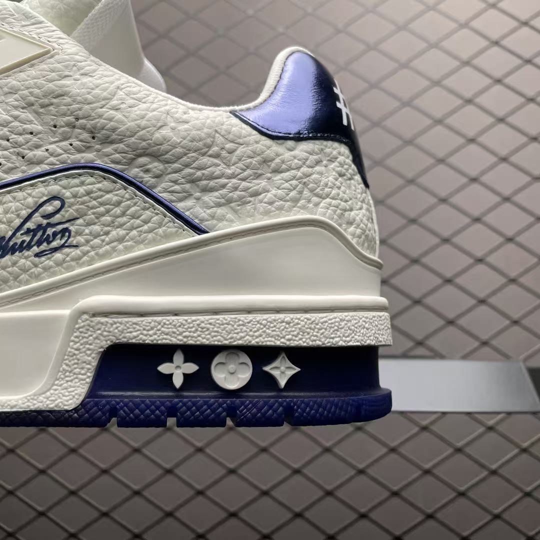 Men Retro Casual Sneakers, Grain Leather Upper, White‑Dark‑Blue Colorway, Thick Cushioned Sole Street Shoes
