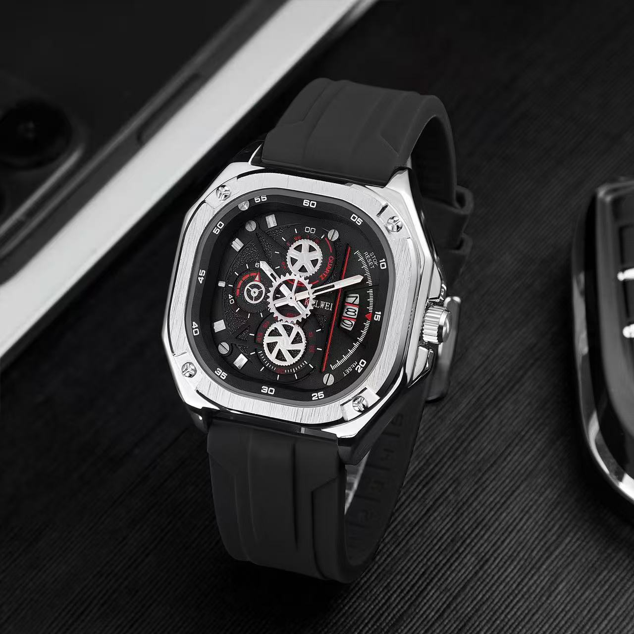 Luxury Square Men Quartz Watch Silicone Strap Business Wrist Watch