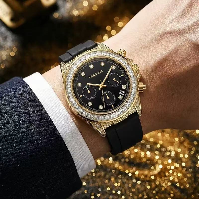 Men Gold‑Tone Diamond Chronograph Quartz Watch, Silicone Strap