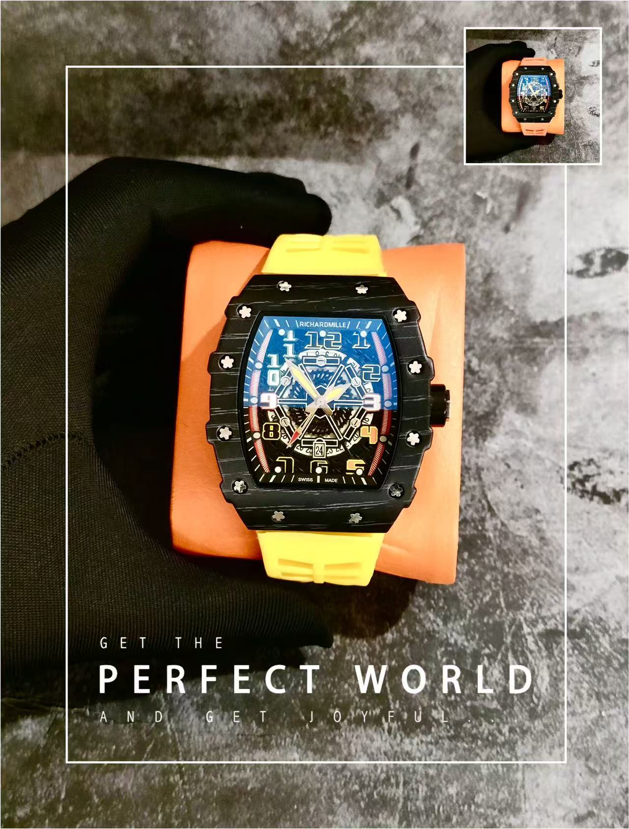 Men Tonneau Skeleton Sport Wrist Watch, Carbon Fiber Texture Case, Color Hollow Dial, Black Rubber Strap