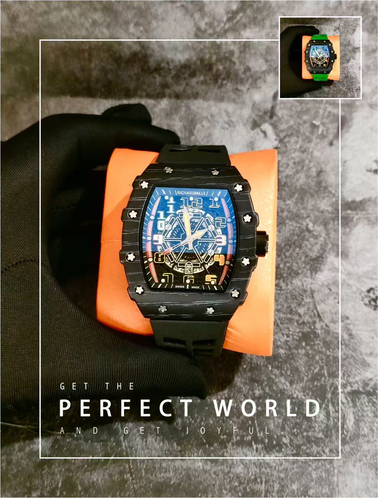 Men Tonneau Skeleton Sport Wrist Watch, Carbon Fiber Texture Case, Color Hollow Dial, Black Rubber Strap