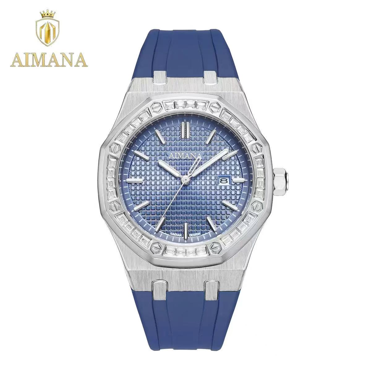 Men Octagon Diamond‑encrusted Quartz Watch, Silicone Strap