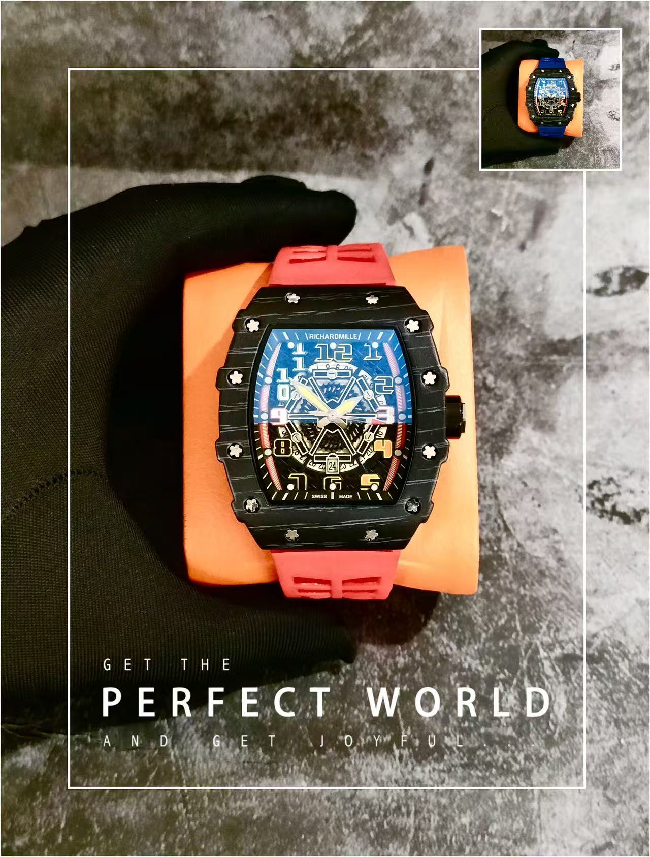 Men Tonneau Skeleton Sport Wrist Watch, Carbon Fiber Texture Case, Color Hollow Dial, Black Rubber Strap