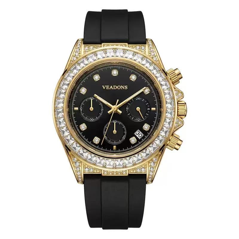 Men Gold‑Tone Diamond Chronograph Quartz Watch, Silicone Strap