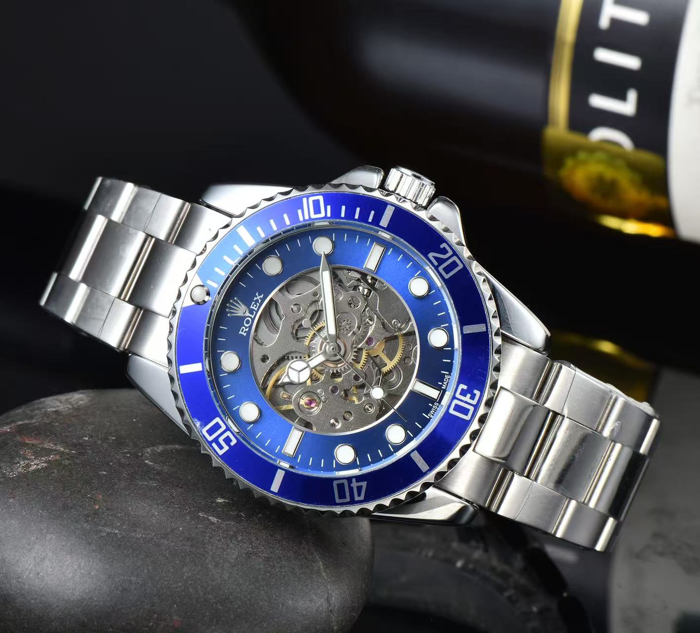 Men Skeleton Diver Sport Wrist Watch, Black Ceramic Bezel, Stainless Steel Bracelet, Hollow Mechanical Dial