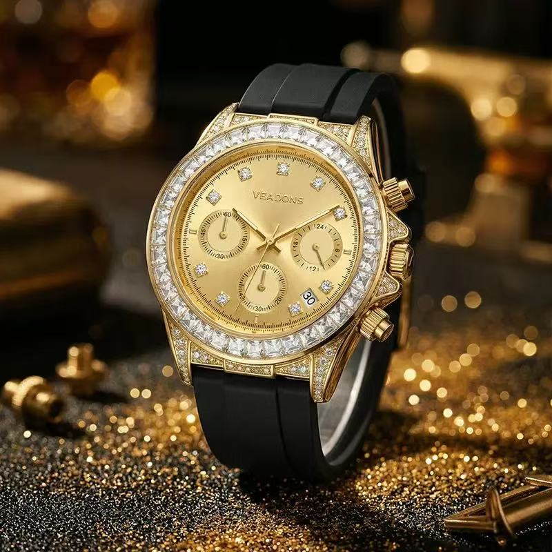 Men Gold‑Tone Diamond Chronograph Quartz Watch, Silicone Strap