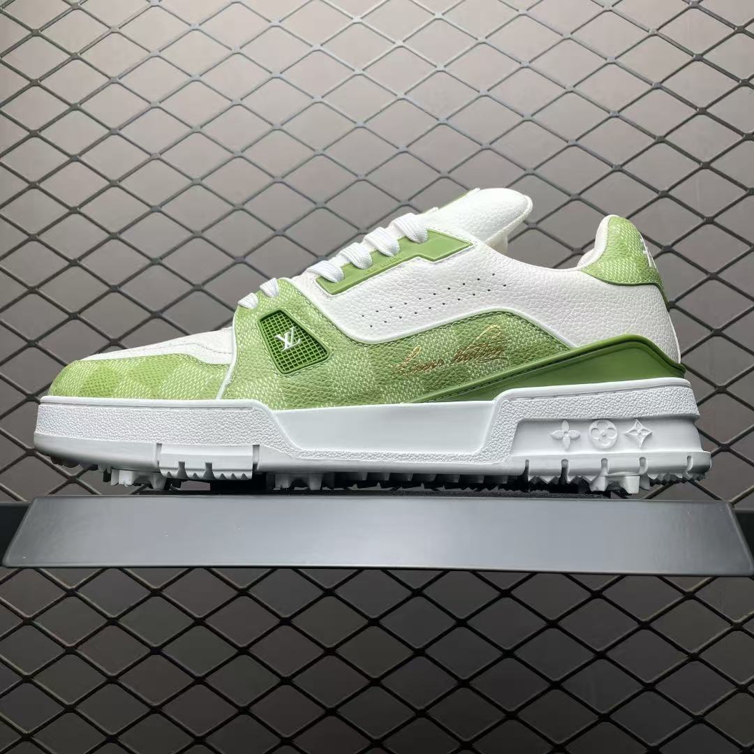 Men Retro Two‑Tone Casual Sneakers, Grain Leather Upper, White‑Green Colorway, Thick Cushioned Sole Street Shoes