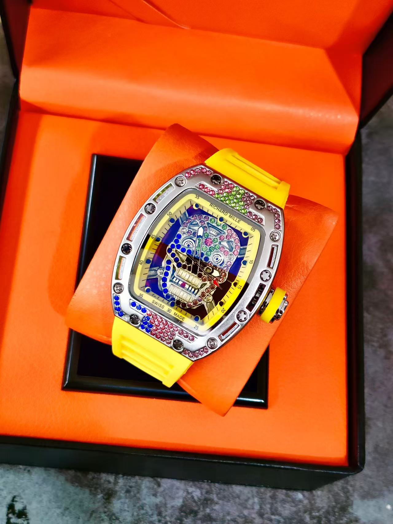 Men Tonneau Skeleton Wrist Watch, Colorful Skull Dial, Rhinestone Inlay, Red Silicone Rubber Strap