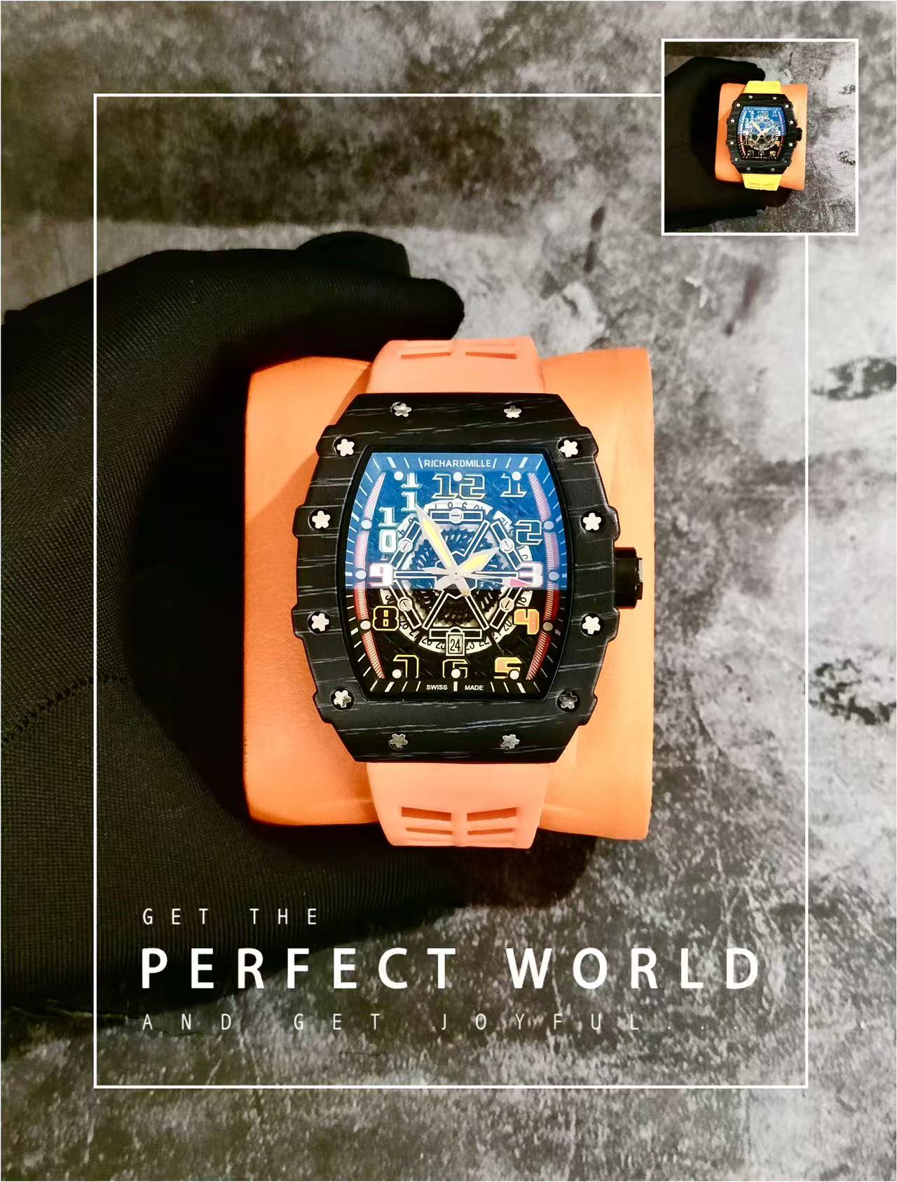 Men Tonneau Skeleton Sport Wrist Watch, Carbon Fiber Texture Case, Color Hollow Dial, Black Rubber Strap