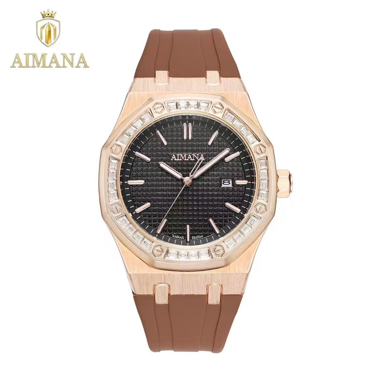 Men Octagon Diamond‑encrusted Quartz Watch, Silicone Strap