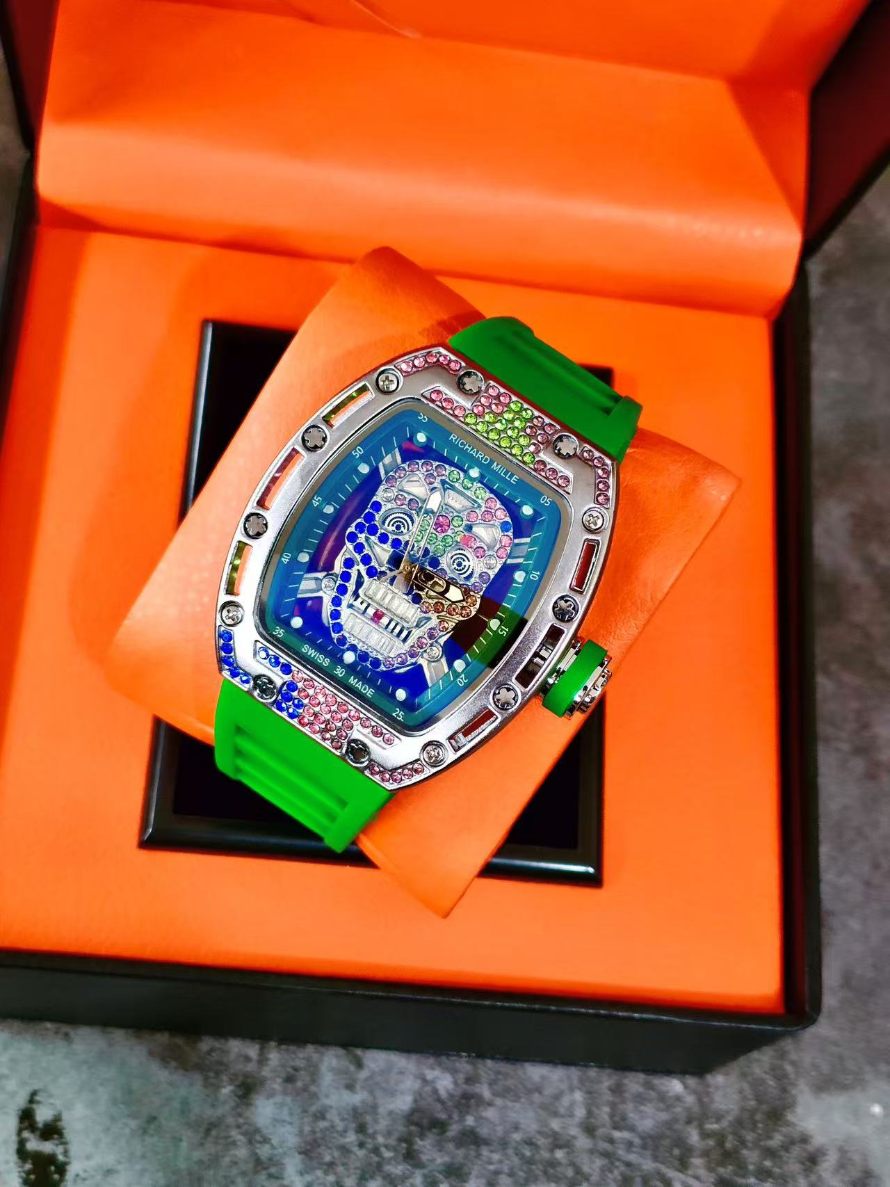 Men Tonneau Skeleton Wrist Watch, Colorful Skull Dial, Rhinestone Inlay, Red Silicone Rubber Strap