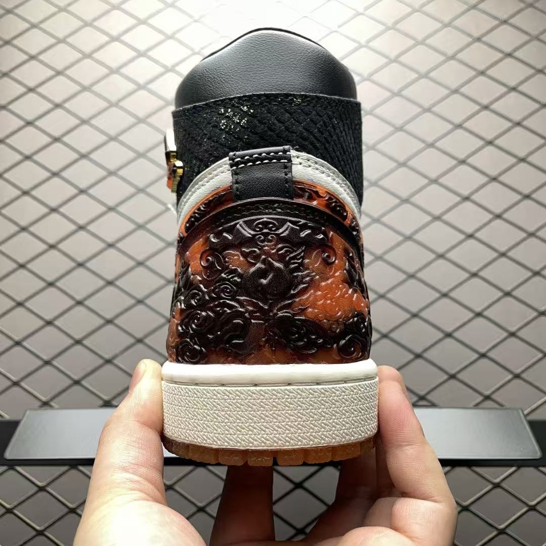 Men High‑Top Art Craft Sneakers, White‑Black Leather Upper, Retro Carved Pattern Ornament, Vintage Cream Midsole Street Basketball Shoes