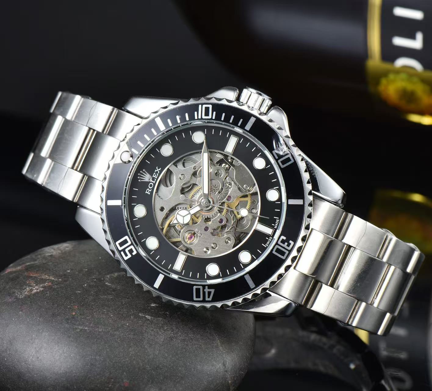 Men Skeleton Diver Sport Wrist Watch, Black Ceramic Bezel, Stainless Steel Bracelet, Hollow Mechanical Dial