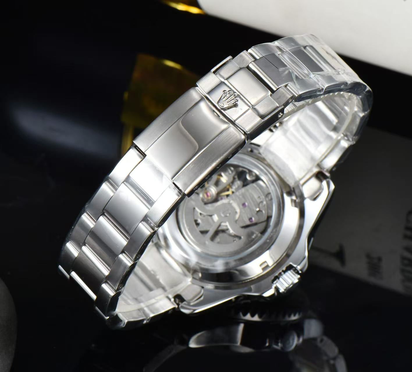 Men Skeleton Diver Sport Wrist Watch, Black Ceramic Bezel, Stainless Steel Bracelet, Hollow Mechanical Dial