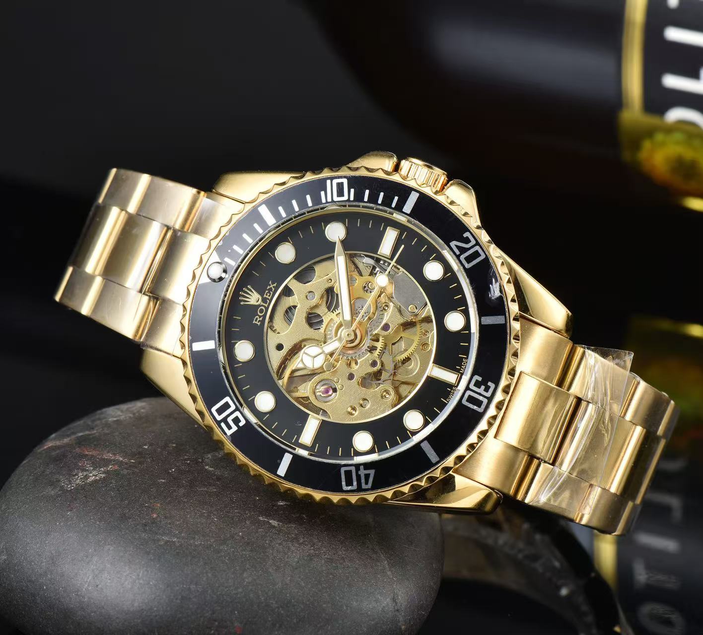 Men Skeleton Diver Sport Wrist Watch, Black Ceramic Bezel, Stainless Steel Bracelet, Hollow Mechanical Dial