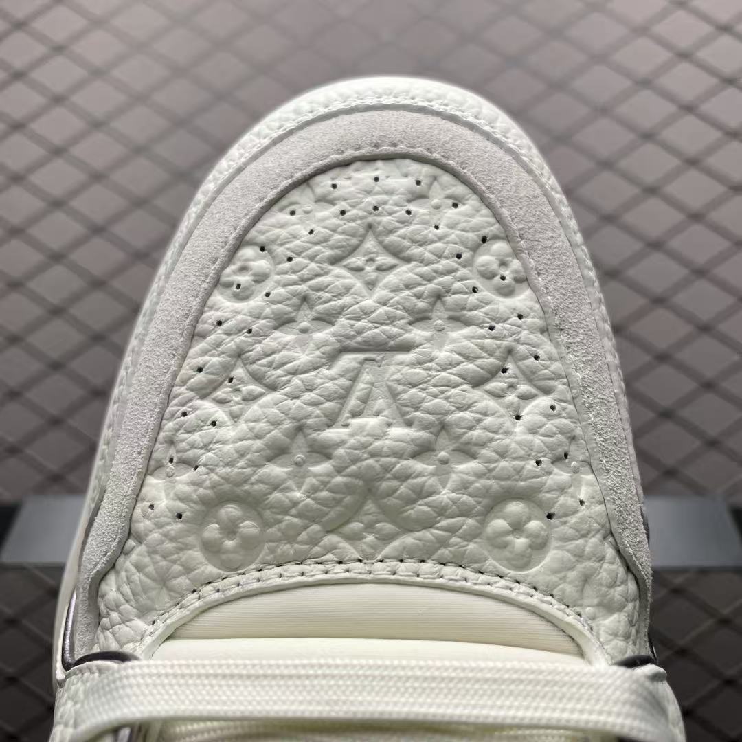 Men Retro Casual Sneakers, Grain Leather Upper, Thick Sole, White‑Grey Colorway, Street Fashion Shoes